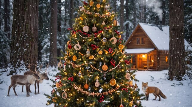 Festive Christmas tree adorned with natural ornaments in a snowy forest with wildlife and cozy cabin - Powered by Adobe