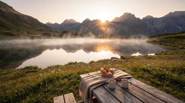Serene mountain lake at sunrise with a wooden picnic table and breakfast setup in a peaceful alpine meadow - Powered by Adobe