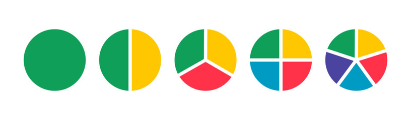 Pies segmented on from 1 to 5 equal parts. Donut charts. Pie, pizza chart round layout icons. Diagrams infographic multicoloured. Circle section graph. Wheels divided in sections. Loading bar mockup.