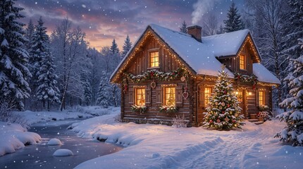 Cozy log cabin in a snowy forest with warm Christmas lights and decorations during twilight