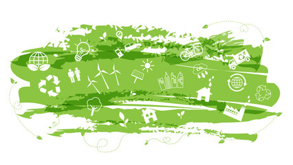 Eco-friendly illustration featuring renewable energy, recycling icons, sustainable city design, electric vehicles, and green technology concepts environmental awareness and clean future living, Vector