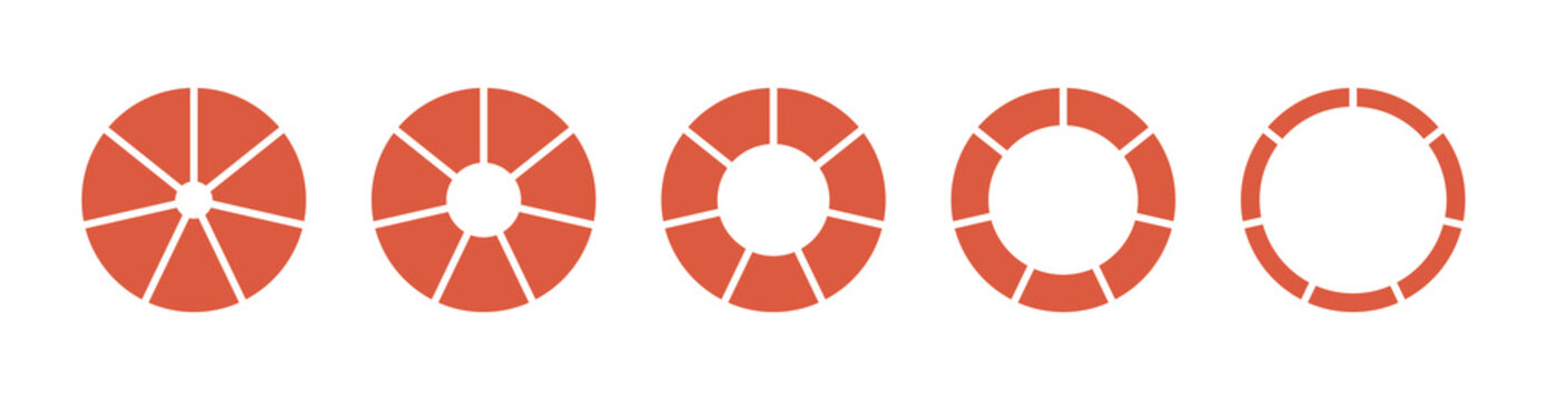 Set of Donuts charts, pies segmented on 7 equal parts. Wheels round divided in seven sections. Diagrams infographic templates. Circles section graph collection. Pie chart red icons. Geometric element.