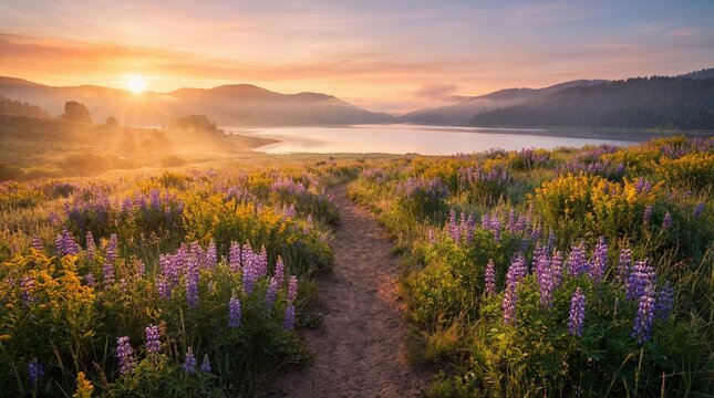 A serene sunrise over a tranquil lake surrounded by rolling hills and vibrant wildflowers along a winding path - Powered by Adobe