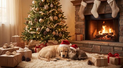 Cozy Christmas scene with a decorated tree, fireplace, gifts, and pets wearing Santa hats resting on a white rug