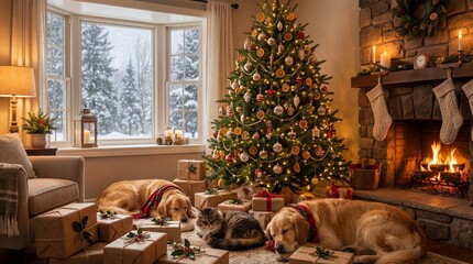 Cozy Christmas living room with decorated tree, fireplace, and sleeping dogs in front of wrapped gifts