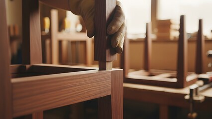 Close-up of hands assembling a wooden chair in a workshop, showcasing craftsmanship and carpentry skills.
