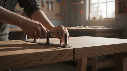 Close-up of hands using an Allen wrench to tighten bolts on a wooden table during furniture assembly in a workshop.