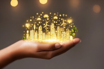Sustainable energy shift concept. Hand Holding Glowing Representation of Sustainable City with Renewable Energy Elements and Innovation