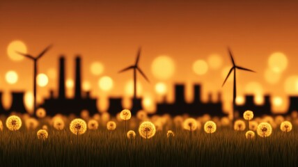 Sustainable energy shift concept. Dark Polluted Factories in Contrast with Clean Nature Elements and Wind Turbines at Blurred Sunset Background.