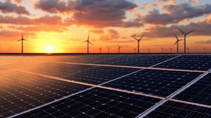 Sustainable energy shift concept. Sunrise over Solar Panels Reflecting Light with Wind Turbines on Horizon for Green Energy Initiative