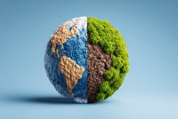 Sustainable energy shift concept. Earth Half Covered by Fossil Fuels and Greenery Representing Environmental Balance and Sustainability