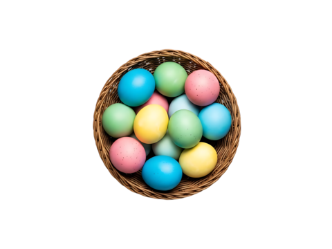 Pastel easter eggs in woven basket top view holiday celebration isolated on transparent background - Powered by Adobe