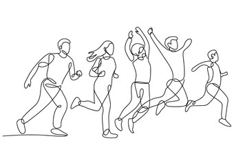 Fototapeta premium Continuous line drawing of a diverse group of people joyfully running and jumping together, symbolizing unity, movement, and shared happiness.