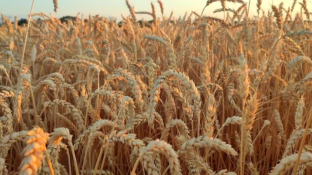 Growing wheat in field and blue sky in summer evening or morning during sunset or sunrise. Ripe ears of wheat in a calm windless sunset dawn. Ripening spike of wheat in field. Spike of wheat close-up