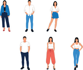 Obraz premium Diverse group of casually dressed modern adults, full-body vector illustration set, standing figures representing young generation, perfect for graphic design elements and contemporary mockups.