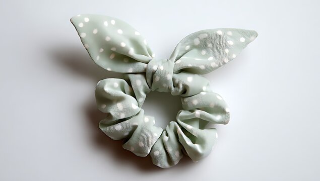 A pale green polka dot hair tie with a scrunchie and bow design