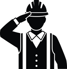 Professional construction worker foreman engineer safety helmet uniform saluting honoring respecting authority appreciation job duty service dedication success teamwork silhouette icon 