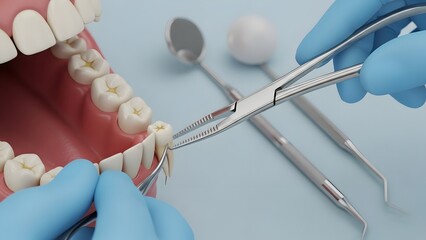Close-up of dental extraction: forceps holding a tooth, dental mirror and explorer tools nearby