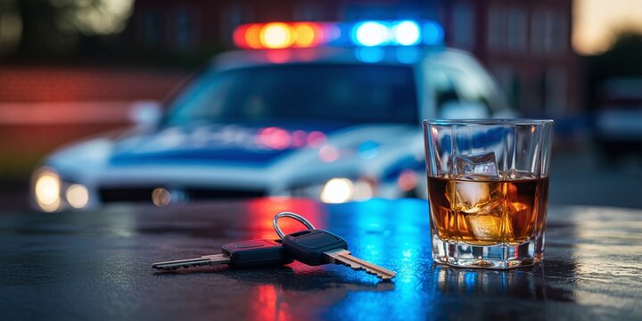 Whiskey glass and car keys on a wet surface with a blurred police car flashing lights in the background; concept for drunk driving and legal consequences