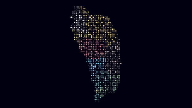 Dominica map animation. Shape of the country with pulsating colored dots. Small size rounded square blocks. Digital style Dominica map on dark background. Abstract video.