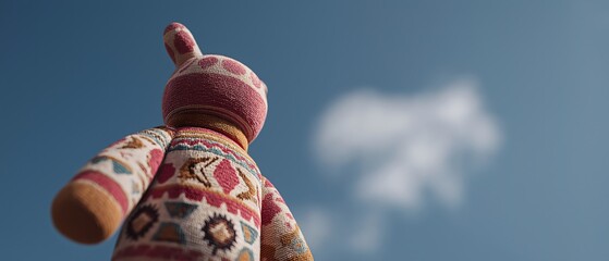 Toy bunny against a Blue Sky: A charming toy bunny, with patterned fabric and floppy ears, gazes upwards toward a bright, cloudy sky, evoking a sense of childlike wonder and adventure.