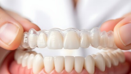 Hands holding clear invisible aligners for teeth straightening, a modern dental aesthetic treatment for a perfect smile.