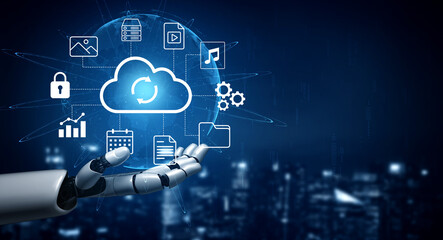 A futuristic robot hand displays a variety of cloud technology icons, symbolizing the intersection of artificial intelligence and data management in the digital age. Gantry