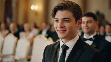 Young caucasian male adult in a sharp black suit attending a formal event. He observes the proceedings with a subtle smile, embodying elegance and celebration