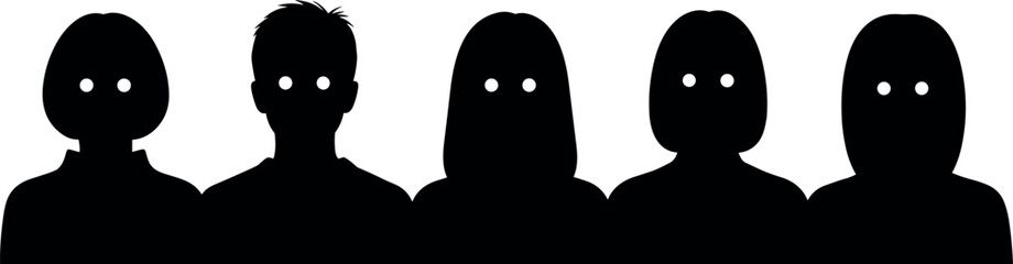 Minimalist black silhouettes of diverse people with white eyes on white background representing anonymity, identity, diversity, and psychological perception.