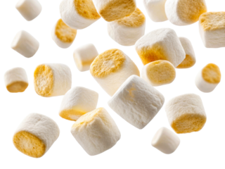 Fluffy toasted marshmallows falling in the air, perfect for confectionery advertising, sweet snack promotions, and food content creation representing indulgence and joy