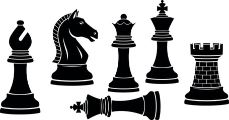 Silhouette chess pieces vector with fallen king symbolizing defeat, strategy, checkmate, leadership, power, game, competition, and tactics. © Reginald Diesel