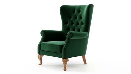 Fototapeta premium Traditional furniture piece: A green velvet tufted wingback chair with decorative wooden legs on a white background.