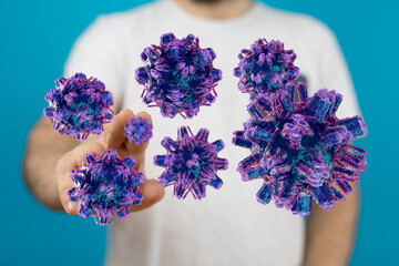 3D render of virus particles with hand reaching out. Science and medical concept, illustration about pandemic,