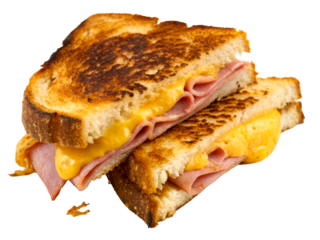Delicious grilled cheese sandwich with melted cheddar cheese and ham slices, perfect for breakfast, lunch, or snack, ideal for food blogs and menus