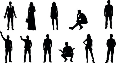 Silhouettes of diverse people in various poses, standing, sitting, squatting, gesturing, dressed in formal and casual attire styles.