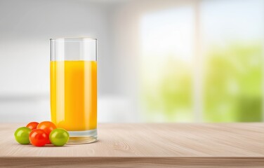 Fototapeta premium Freshly squeezed juice on a wooden table with vibrant fruit in a light-filled kitchen setting