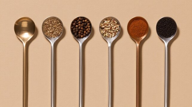 A visually appealing arrangement of various spices in spoons against a minimalist background, showcasing diversity