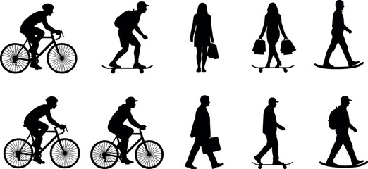 Urban commuters walking, biking, and skateboarding with bags, backpacks, and briefcases in silhouette style for transport and lifestyle concepts.