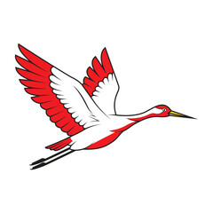 Fototapeta premium Flying Stork or Heron Vector Illustration with Red and White Wings on a White Background