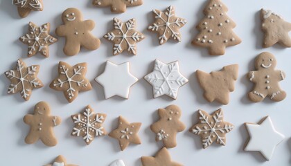 A top view of a white wooden table with gingerbread cookies various types of gingerbread: stars, snowflakes, gingerbread men, and Christmas trees. All the gingerbread cookies are icing