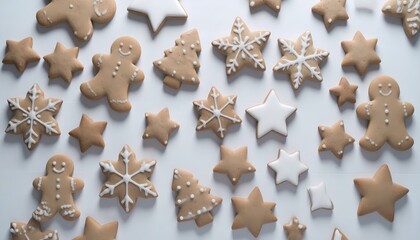 A top view of a white wooden table with gingerbread cookies various types of gingerbread: stars, snowflakes, gingerbread men, and Christmas trees. All the gingerbread cookies are icing
