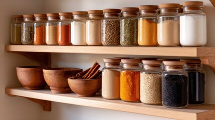 A beautifully organized kitchen spice rack with jars filled with various spices, herbs, and ingredients