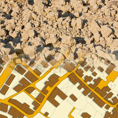 From the bare earth to a new city - concept image with a plowed land that fades on the map of an imaginary city with buildings and roads - nature becomes a city