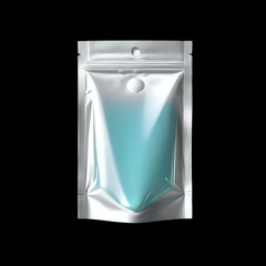 Silver stand up pouch with clear window showcasing light blue liquid product mockup