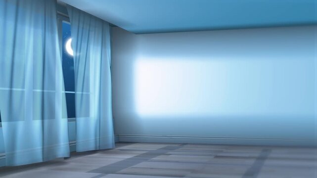 Minimalist night scene with moonlight and softly waving sheer curtains in an empty room. Calm interior design concept. Place for logo and text. 4K.