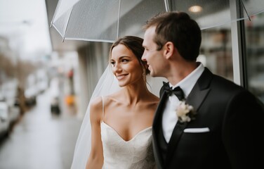 Elegant bride and groom walking in rain under transparent umbrella in chic urban setting reflecting love and tranquility