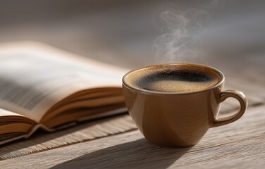 Morning tranquility with coffee cup and open book on a wooden table in soft light