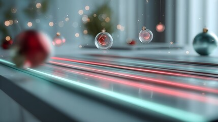 Tech-inspired minimalist workspace featuring bright LED holiday accents and smooth hologram decorations