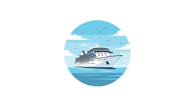 Stylized illustration of a large white cruise ship sailing on the blue ocean with clouds and birds, framed in a circle icon.