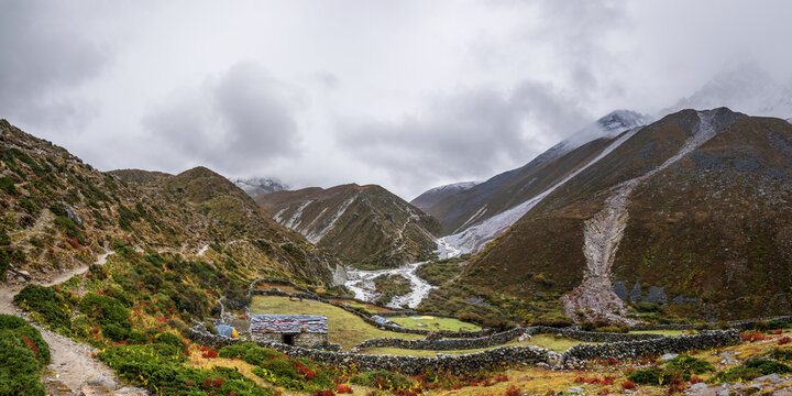 Panoramic view of the autumn fields in Dudh koshi valley on the trekking route from Shomare to Dingboche. Everest base camp trek, Nepal.